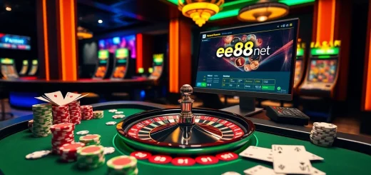 Experience the thrill of gaming at ee88win.net with vibrant casino visuals featuring poker chips and roulette wheels.