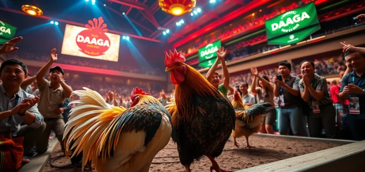 DAGA live chicken fighting event with spectators cheering for intense matches at dagawin.live