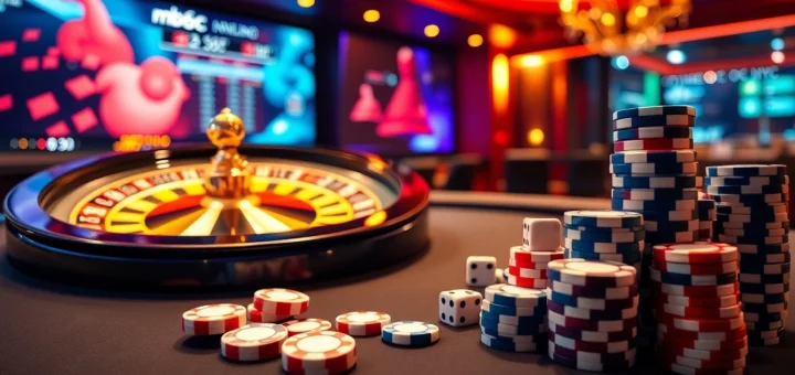 Winning at mb66.nyc with a luxurious casino setup featuring roulette and poker elements.