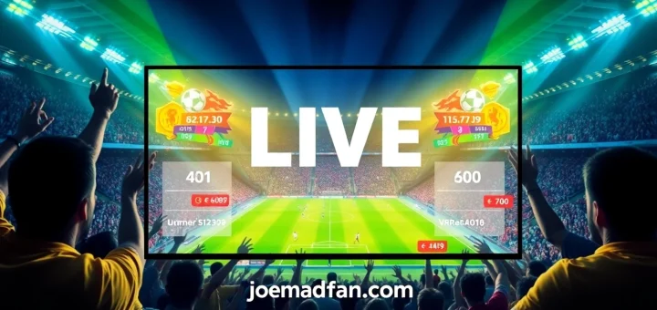 Exciting football streaming scene featuring joemadfan.com with fans and match highlights