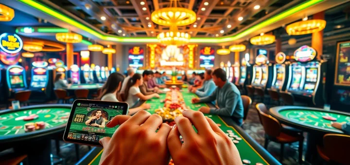 Exciting online gambling scene showcasing winvn88.live app and players engaging in casino games.