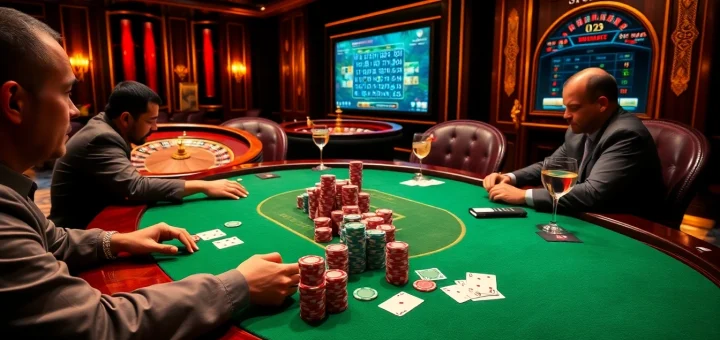 A thrilling poker game at dom88.us.com, showcasing high-stakes action with vibrant chips and cards.