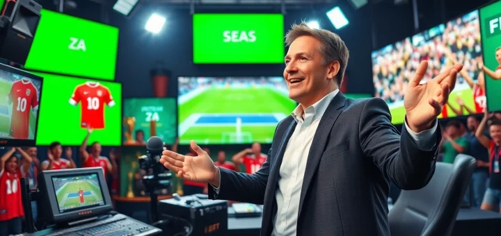 Dynamic scene of sports broadcasting highlighting a lively analyst amidst advanced technology.