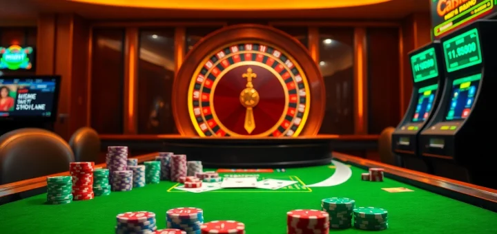 Engaging scene of nhà cái fun79 displaying poker chips and casino tables for an exciting gaming experience.