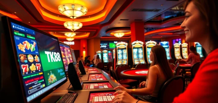 Exciting online gaming scene at tk88win.live featuring players engaged with digital slots and card games.