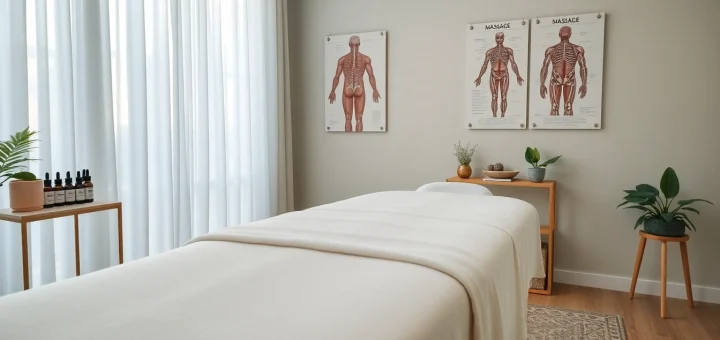 Deep tissue massage therapy room with serene lighting, inviting atmosphere, and essential oils for relaxation.
